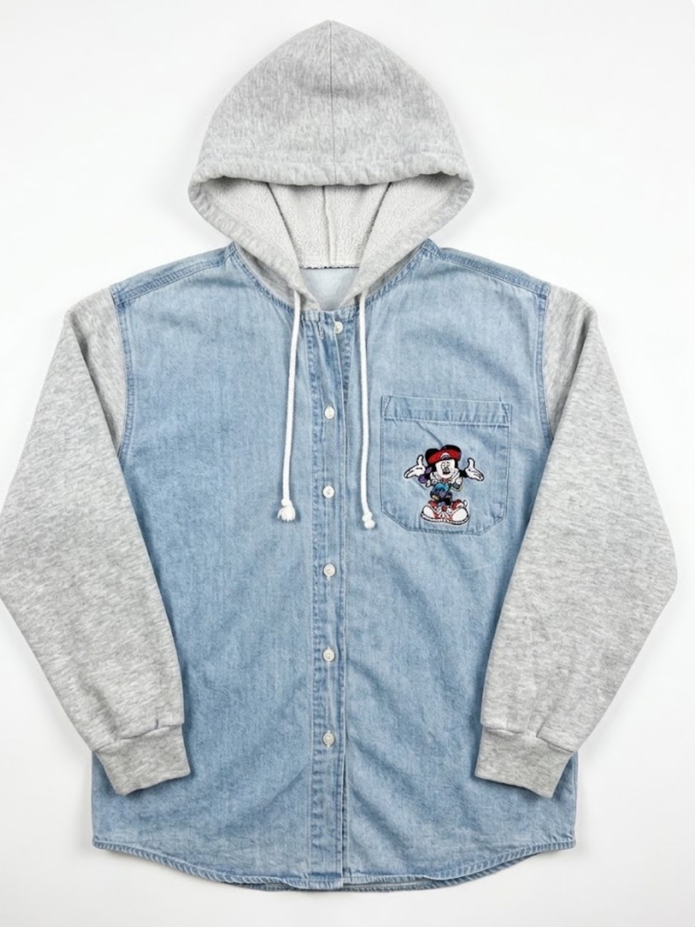Vintage 90s Disney Mickey Mouse Hooded Denim Button Shirt Jacket Light Wash